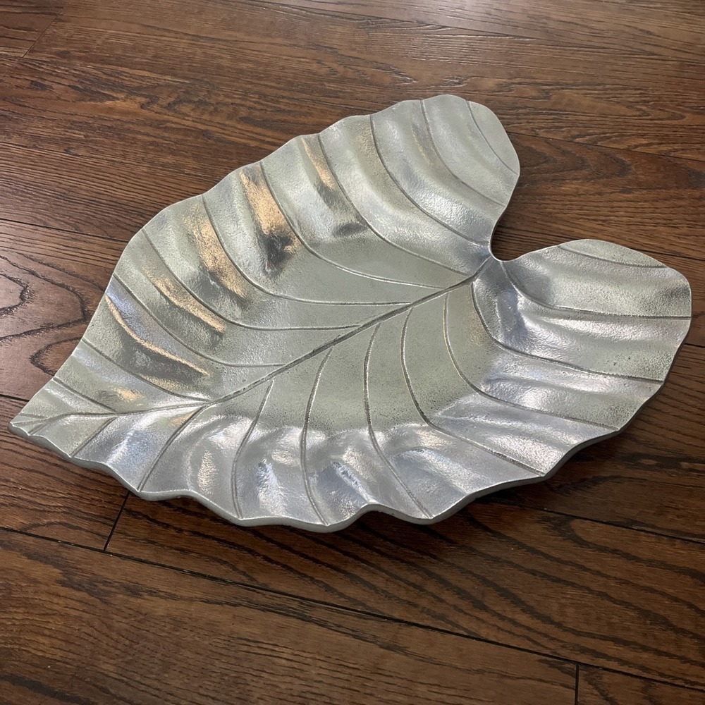 Pottery Barn Silver Metal Tropical Leaf Tray Decorative Centerpiece Platter 18"
